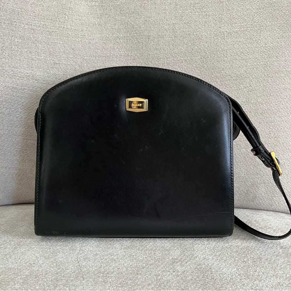 VTG Bally Structured Hex Black Leather Shoulder Bag Crossbody with Gold Hardware